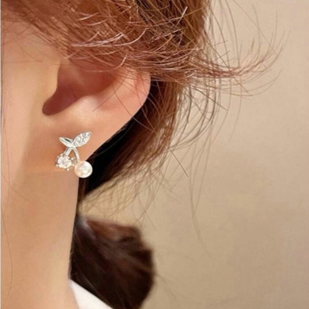 White Pearl CZ Cherry Earrings In Silver - Picture 3 of 5